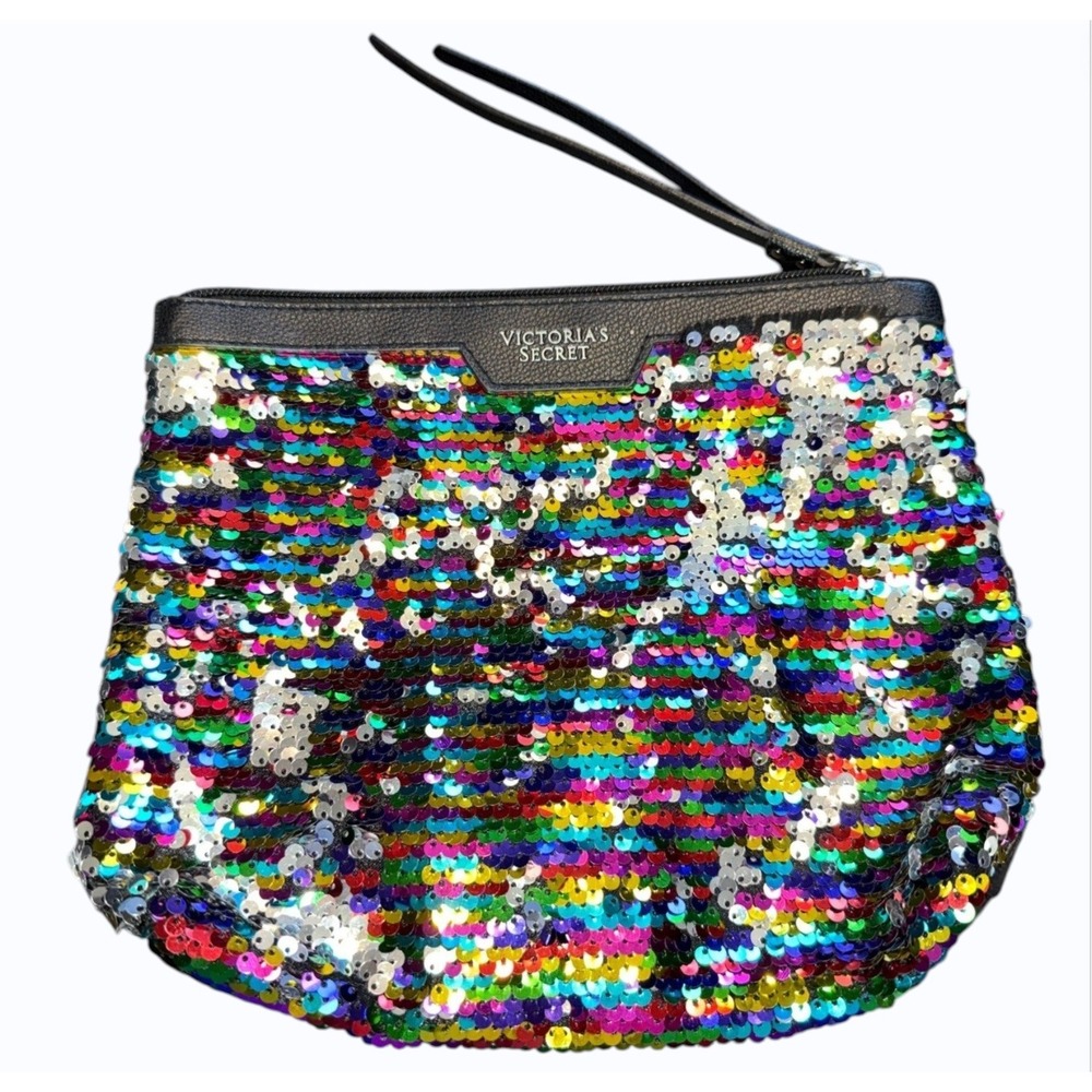 Victorias Secret Rainbow Sequin Wristlet Makeup Bag Cosmetic Pouch‎ Multicolor